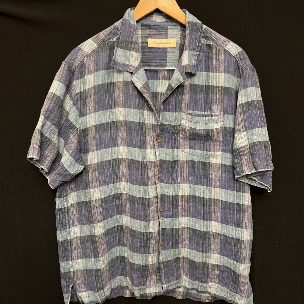 Tommy Bahama Men's XL Blue Plaid 100% Linen Woven SS Button-Up Spread Collar